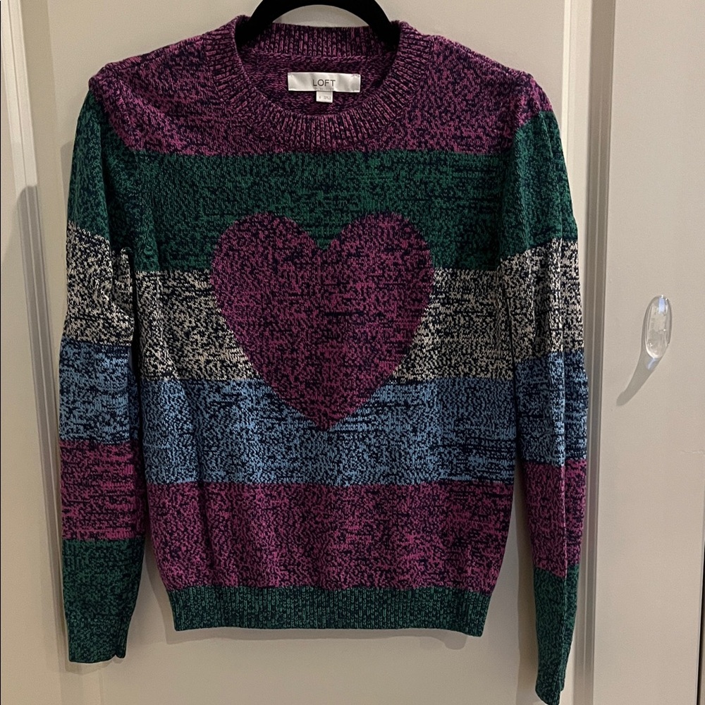 LOFT Women's Striped Heart Sweater - Pink, Green, Blue, Black